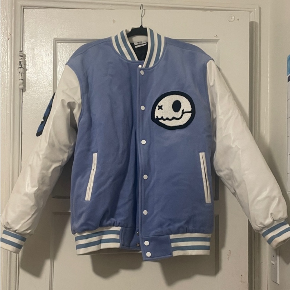 Long Lost Light Blue and White Varsity Jacket